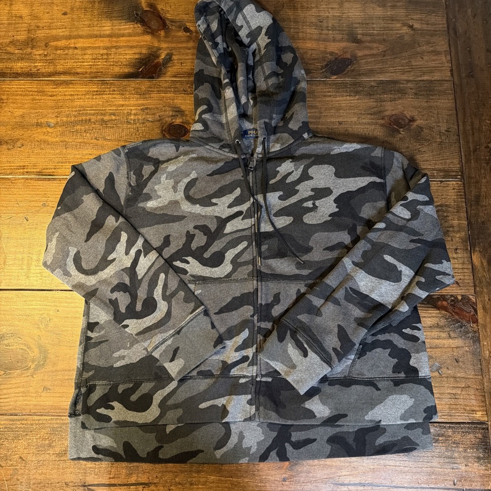 Polo Ralph Lauren Hoodie Mens XL Gray Black Camo Full Zip Pony Sweatshirt